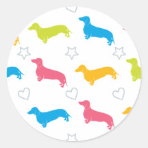 Doxie Colourful Hearts and Stars Round Sticker