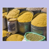 Dried pasta and beans for sale, Marrakech, 2 postcards