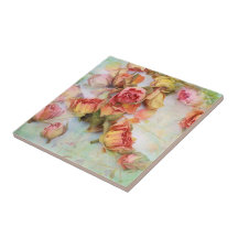 Dry roses on green vintage tile