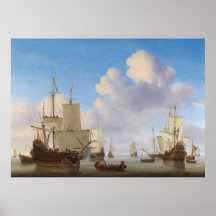 Dutch men-o'-war and other shipping in a calm print