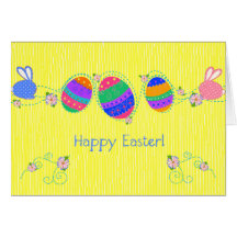 Easter Bunnies & Eggs on Yellow Greeting Cards