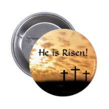 Easter "He is Risen" button, Crosses and Sunset