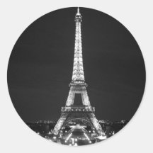 Eiffel Tower at Night - B/W Round Sticker