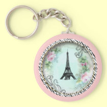 Eiffel Tower Pink Roses and Zebra Print keychains