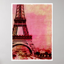 Eiffel Tower Pink Sunset Vintage Style Posters