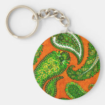 Electric Orange and Green Indian Paisley Key Chain