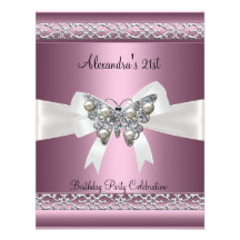 Elegant 21st Birthday Satin Pink Butterfly Jewel Custom Invitation