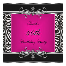 Elegant 40th Birthday Pink Zebra Black Silver Personalised Invitation