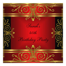 Elegant 40th Birthday Red Black Gold Art Deco Announcement