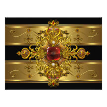 Elegant 50th Birthday Rich Gold Black Red Jewel Invitations