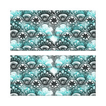 Elegant Aqua Blue Black Faded Distressed Damask La Stretched Canvas Prints