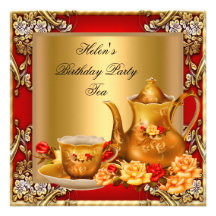 Elegant Birthday Party Tea Red Gold Roses Personalized Invitation