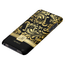 Elegant Black and Gold Damask wiht Monogram Barely There iPod Cases