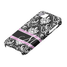 Elegant black and white damask with monogram iPhone 5 covers