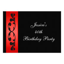 Elegant Black Floral Bright Red White Party Invitations