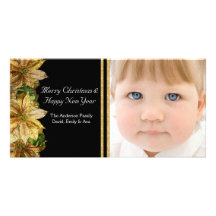 Elegant Black Gold Poinsettia Photo Christmas Card Photo Cards