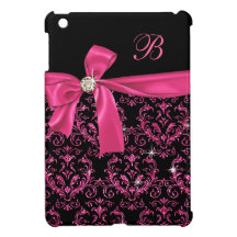 Elegant Black Pink Damask Diamond Bow Monogram
