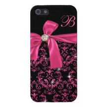 Elegant Black Pink Damask Diamond Bow Monogram iPhone 5 Cover