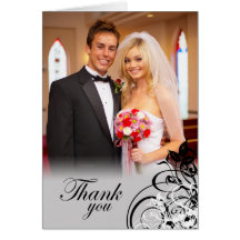 Elegant black swirls wedding thank you photo card