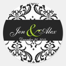 Elegant Black White Damask Wedding Sticker Green