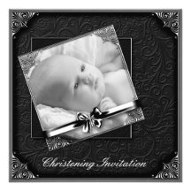 Elegant Black White Photo Christening Personalised Invites