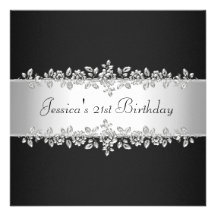 Elegant Black & White Silver Roses Birthday Party Custom Invitation