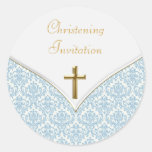 Elegant Blue Damask Christening Stickers
