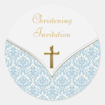 Elegant Blue Damask Christening Stickers