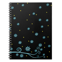 Elegant Blue Flowers on Black Notebook