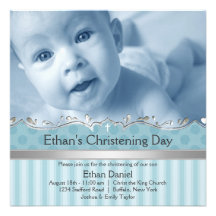 Elegant Blue Stripe Boys Photo Christening Custom Announcements