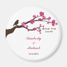 Elegant cherry blossom and bird save the date magnets