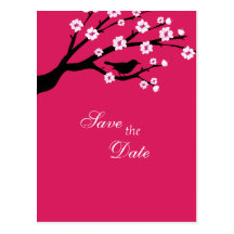 Elegant cherry blossom and bird save the date postcards