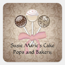 Elegant Cocoa Damask Cake Pop Square Sticker Label