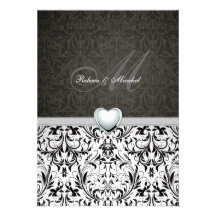 Elegant Damask Monogram Wedding w/ Platinum Heart Personalised Invites