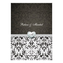Elegant Damask Monogram Wedding w/ Platinum Heart Personalised Invite