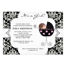 Elegant Damask Pink Black Baby Girl Shower Personalized Invite