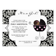Elegant Damask Pink Black Baby Girl Shower Invitations