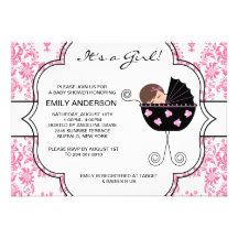 Elegant Damask Pink Black Baby Girl Shower Personalized Invitations