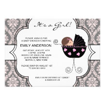 Elegant Damask Pink Black Baby Girl Shower Personalized Announcements