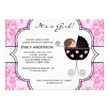 Elegant Damask Pink Black Baby Girl Shower Invite