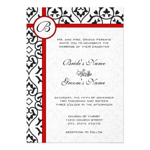 Elegant Damask Side Borders Red Trim Wedding Invitations