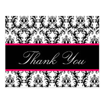 Elegant Damask Wedding Thank You Card Pink Black Postcard