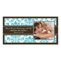 Elegant Damask Wedding Thank You Photocard: aqua Photo Card