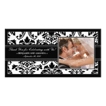 Elegant Damask Wedding Thank You Photocard: black Photo Cards