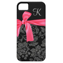 Elegant Glitter Black Damask Girly Hot Pink Bow iPhone 5 Case