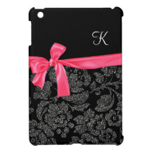 Elegant Glitter Black Damask Girly Hot Pink Bow iPad Mini Case