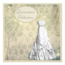 Elegant Gown Vintage Damask Quinceanera Invitations