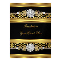 Elegant Invitation Black Lace Gold Jewel