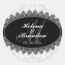Elegant Lace & Damask Monogram Wedding Seals Round Stickers