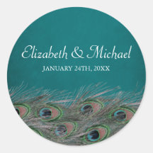 Elegant Peacock Feathers Round Wedding Favour Labe Round Sticker